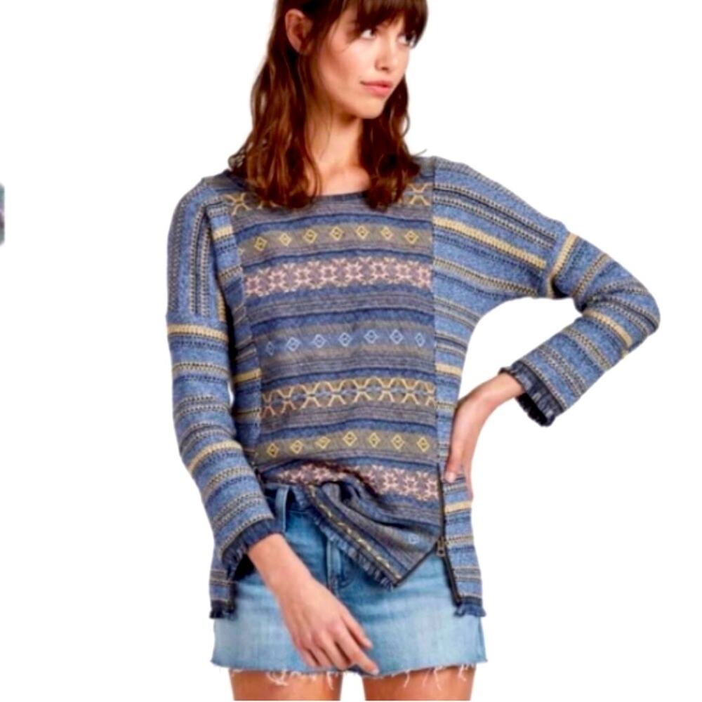 Lucky Brand Women Blue Yellow Tapestry Embroidered Blouse Size L